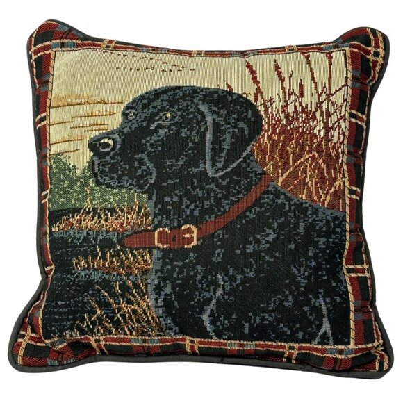 Black Labrador Tapestry Throw Pillow Plaid Border Black Back 12 In Square - Picture 1 of 6